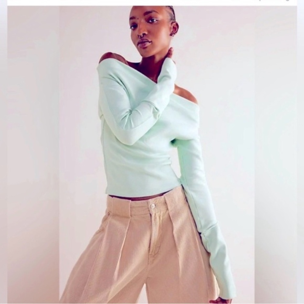 We The Free Off-the-Shoulder Light Mint Green Sweater